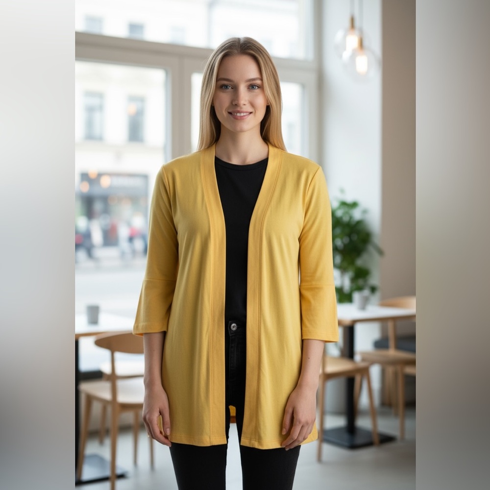 Susan Graver- MEDIUM- Yellow Ruffled 3/4 Sleeve Blouse Cardigan Polyester